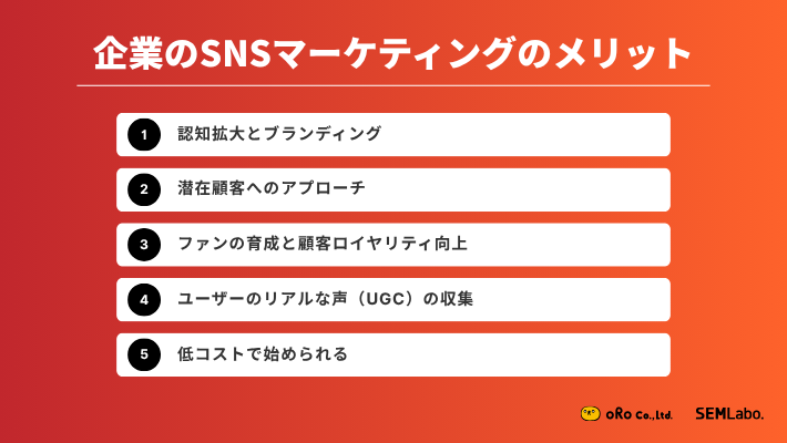 企業のSNSマーケティングのメリット 1. 認知拡大とブランディング 2.潜在顧客へのアプローチ 3.ファンの育成と顧客ロイヤリティ向上 4.ユーザーのリアルな声（UGC）の収集 5.低コストで始められる
