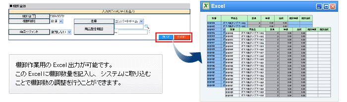 棚卸作業用のExcel出力が可能です。このExcelに棚卸数量を記入し、システムに取り込むことで棚卸数の調整を行うことができます。