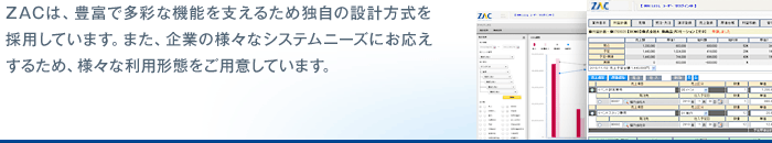 ZACは、豊富で多彩な機能を支えるため独自の設計方式を採用しています。また、企業の様々なシステムニーズにお応えするため、様々な利用形態をご用意しています。